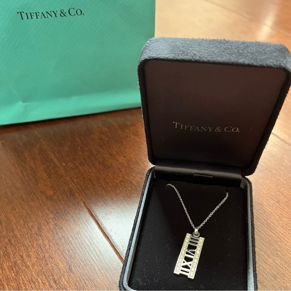Tiffany & Co. Necklace Diamond 18K White Gold Atlas Pendant W/Tiffany Box & Bag - Picture 2 of 6